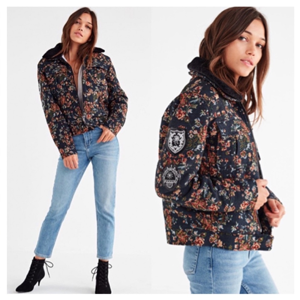 BLANK NYC Floral Tapestry Flight Jacket Fur Collar